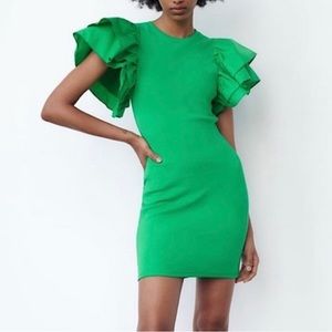 Green Zara poof sleeve dress